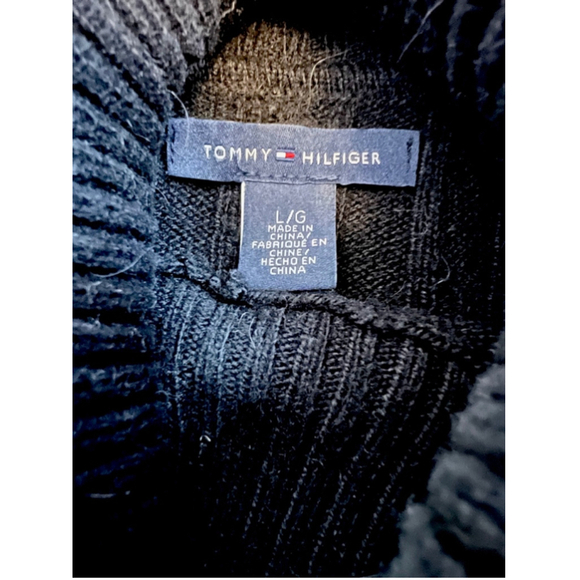 TOMMY HILFIGER Wool Alpaca Blend Black Cable Knit Fitted Turtleneck Sweater L - Picture 7 of 8